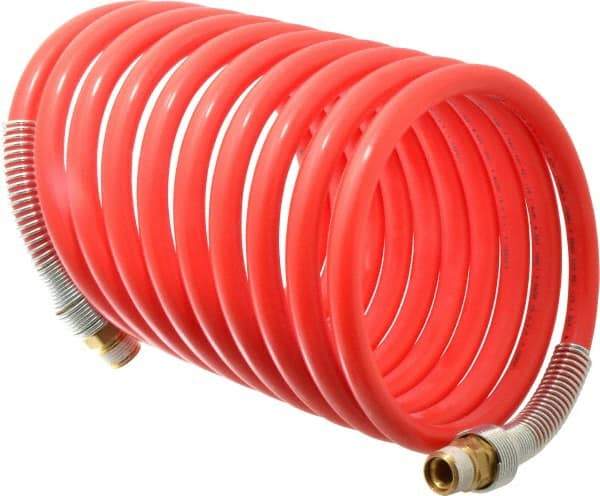 PRO-SOURCE - 1/2" ID, 1/2 Thread, 17' Long, Red Nylon Coiled & Self Storing Hose - 220 Max psi, Male Swivel x Male Swivel - All Tool & Supply