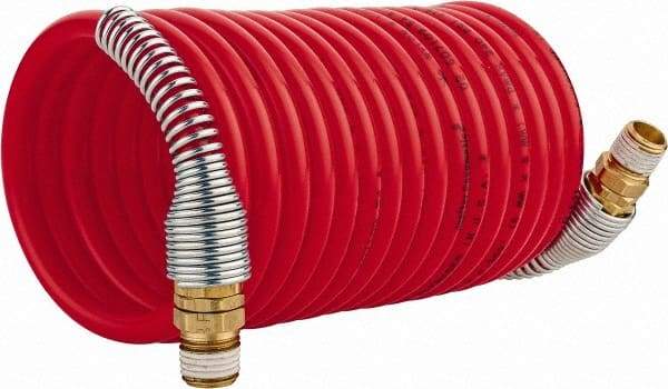 PRO-SOURCE - 1/4" ID, 1/4 Thread, 12' Long, Red Nylon Coiled & Self Storing Hose - 240 Max psi, Male Swivel x Male Swivel - All Tool & Supply