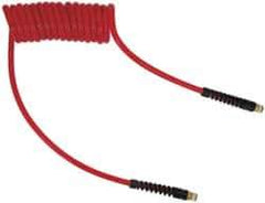 PRO-SOURCE - 1/4" ID, 1/4 Thread, 20' Long, Red Polyurethane Coiled & Self Storing Hose - 147 Max psi, Male Swivel x Male Swivel - All Tool & Supply