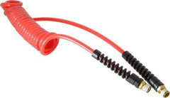 PRO-SOURCE - 3/16" ID, 1/4 Thread, 10' Long, Red Polyurethane Coiled & Self Storing Hose - 147 Max psi, Male Swivel x Male Swivel - All Tool & Supply