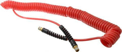 PRO-SOURCE - 3/16" ID, 1/4 Thread, 25' Long, Red Polyurethane Coiled & Self Storing Hose - 147 Max psi, Male Swivel x Male Swivel - All Tool & Supply