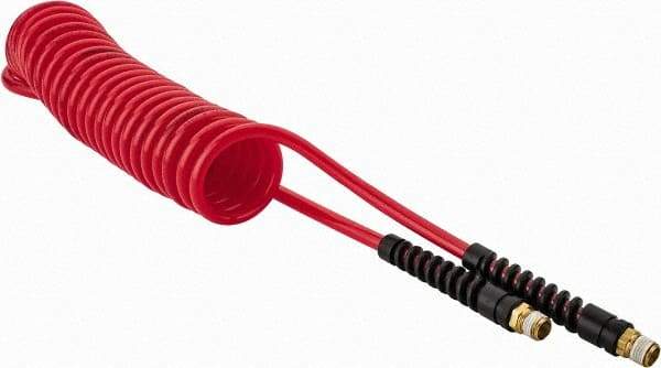 PRO-SOURCE - 1/4" ID, 1/4 Thread, 15' Long, Red Polyurethane Coiled & Self Storing Hose - 147 Max psi, Male Swivel x Male Swivel - All Tool & Supply