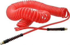 PRO-SOURCE - 1/4" ID, 1/4 Thread, 50' Long, Red Polyurethane Coiled & Self Storing Hose - 147 Max psi, Male Swivel x Male Swivel - All Tool & Supply