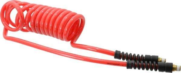 PRO-SOURCE - 5/16" ID, 1/4 Thread, 10' Long, Red Polyurethane Coiled & Self Storing Hose - 120 Max psi, Male Swivel x Male Swivel - All Tool & Supply