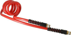 PRO-SOURCE - 3/8" ID, 3/8 Thread, 5' Long, Red Polyurethane Coiled & Self Storing Hose - 133 Max psi, Male Swivel x Male Swivel - All Tool & Supply