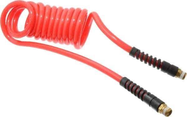 PRO-SOURCE - 3/8" ID, 3/8 Thread, 10' Long, Red Polyurethane Coiled & Self Storing Hose - 133 Max psi, Male Swivel x Male Swivel - All Tool & Supply