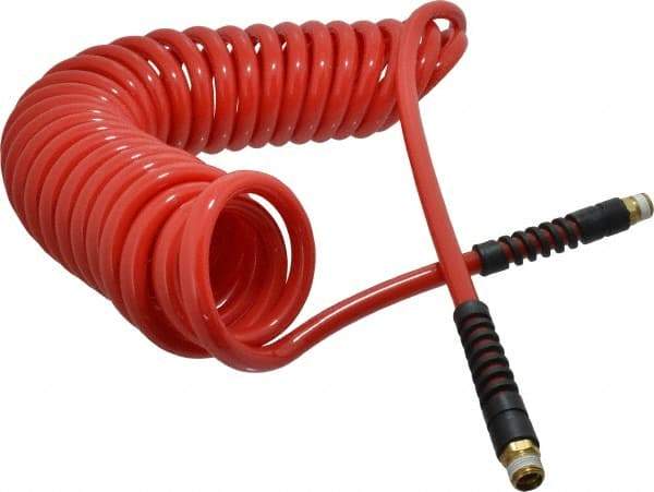 PRO-SOURCE - 3/8" ID, 3/8 Thread, 25' Long, Red Polyurethane Coiled & Self Storing Hose - 133 Max psi, Male Swivel x Male Swivel - All Tool & Supply