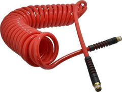 PRO-SOURCE - 3/8" ID, 3/8 Thread, 25' Long, Red Polyurethane Coiled & Self Storing Hose - 133 Max psi, Male Swivel x Male Swivel - All Tool & Supply