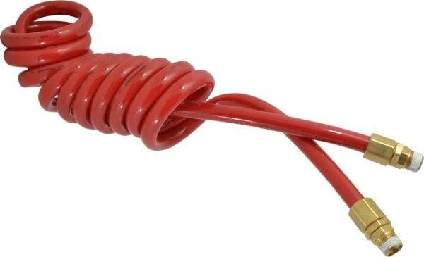 PRO-SOURCE - 1/2" ID, 1/2 Thread, 10' Long, Red Polyurethane Coiled & Self Storing Hose - 120 Max psi, Male Swivel x Male Swivel - All Tool & Supply