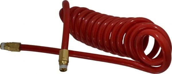 PRO-SOURCE - 1/2" ID, 1/2 Thread, 15' Long, Red Polyurethane Coiled & Self Storing Hose - 120 Max psi, Male Swivel x Male Swivel - All Tool & Supply