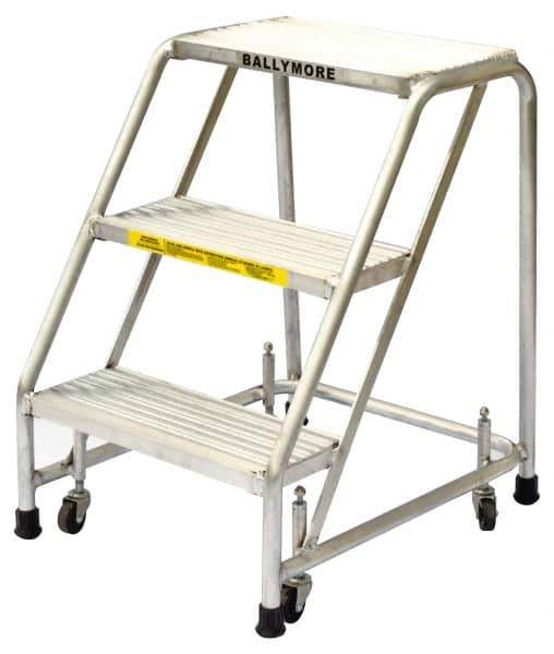 Ballymore - 28-1/2" 3 Step Ladder - Rolling Safety Ladder, 300 Lb Capacity, 28-1/2" Platform Height, 20" Base Width x 25" Base Depth, Solid Ribbed Tread - All Tool & Supply