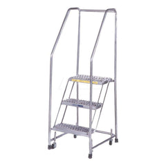 Aluminum Step Rolling Ladder: 38″ Platform, 350 lb Capacity, 4 Step, 20″ Base Grip Strut Tread, 18″ Platform Width, Assembled