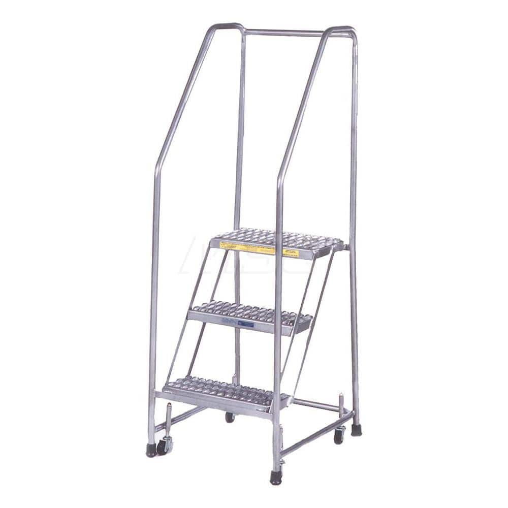 Aluminum Step Rolling Ladder: 57″ Platform, 350 lb Capacity, 6 Step, 30″ Base Grip Strut Tread, 24″ Platform Width, Assembled