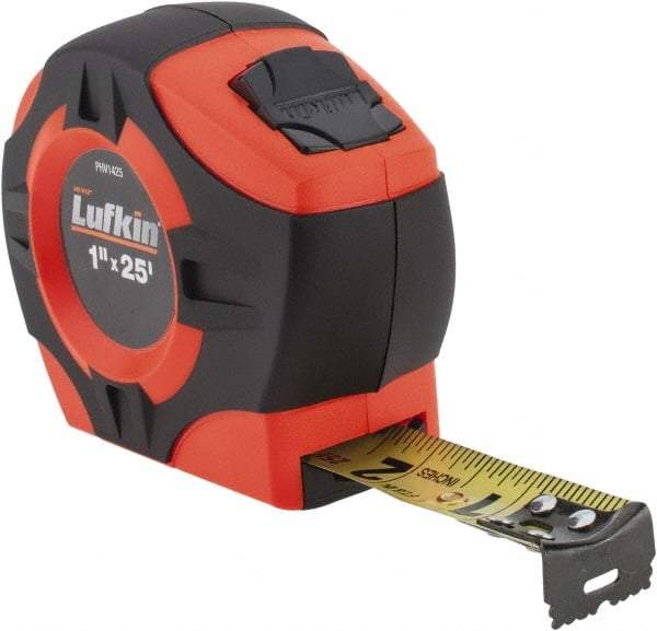 Lufkin - 25' x 1" Yellow Blade Tape Measure - 1/16" Graduation, Inch Graduation Style, High-Visibility Orange Case - All Tool & Supply