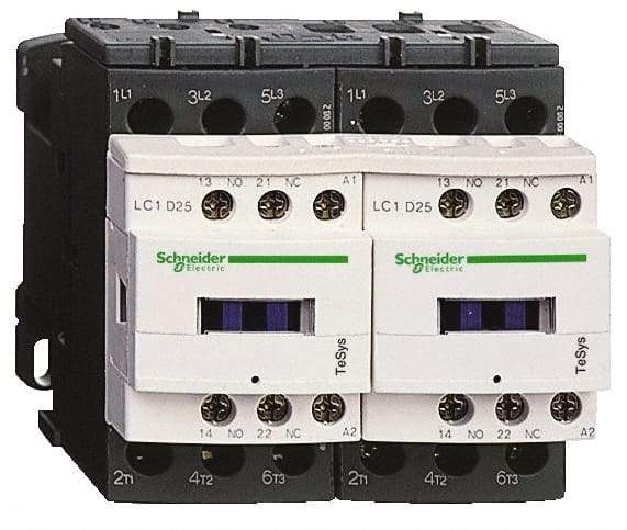 Schneider Electric - 3 Pole, 120 Coil VAC at 50/60 Hz, 12 Amp at 440 VAC, Reversible IEC Contactor - 1 Phase hp: 1 at 115 VAC, 2 at 230/240 VAC, 3 Phase hp: 10 at 575/600 VAC, 3 at 200/208 VAC, 3 at 230/240 VAC, 7.5 at 460/480 VAC - All Tool & Supply