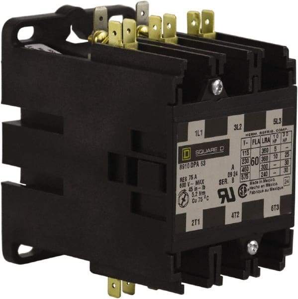 Square D - 3 Pole, 60 Amp Inductive Load, 24 Coil VAC at 50/60 Hz, Definite Purpose Contactor - Phase 1 and Phase 3 Hp:  10 at 230 VAC, 25 at 230 VAC, 30 at 460 VAC, 30 at 575 VAC, 5 at 115 VAC, 75 Amp Resistive Rating, CE, CSA, UL Listed - All Tool & Supply