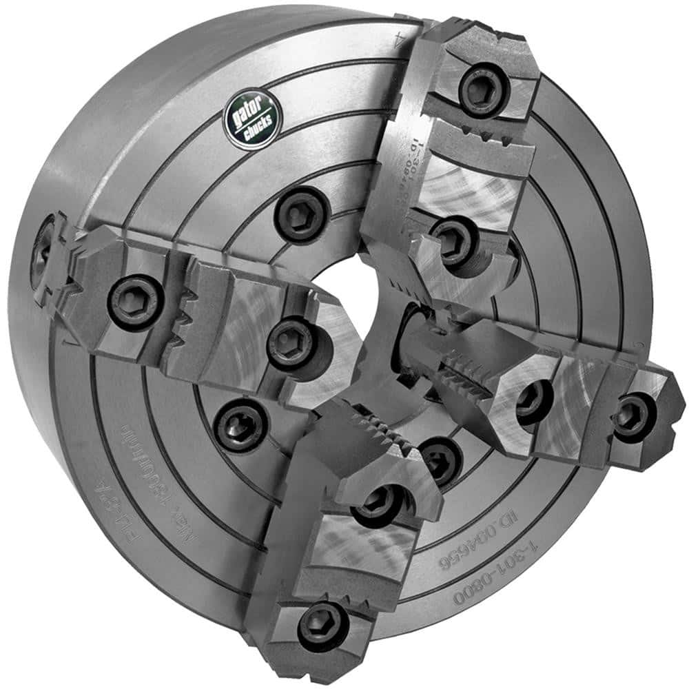 Independent Manual Lathe Chuck: 4-Jaw,  8″ Dia Two-Piece Jaws, Plain Back Mount, 1,800 Max RPM