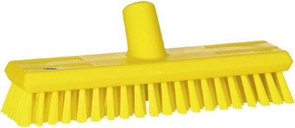 Vikan - 1.3" Bristle Length, Polyester Scrub Brush - 10-3/4" Long x 2-1/2" Wide Head, 11" OAL, European Threaded Handle, Yellow, Polypropylene Block - All Tool & Supply