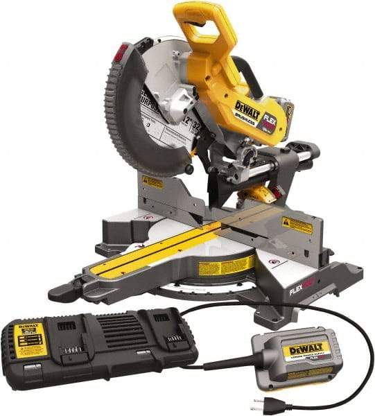 DeWALT - 15 Amp, 120 Volt, 3,800 RPM, 60° Right & 50° Left Double Bevel Sliding Miter Saw - 5/8 or 1" Arbor, 12" Blade Diam, Includes DHS790 Sliding Miter Saw, (2) DCB606 FLEXVOLT Batteries, DCA120 120V Adaptor & DCA132 Charger - All Tool & Supply