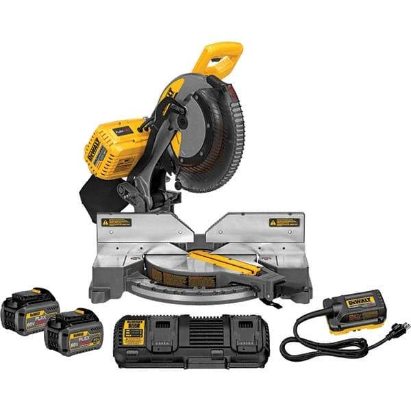 DeWALT - 15 Amp, 120 Volt, 3,800 RPM, 50° Double Bevel Miter Saw - 5/8 or 1" Arbor, 12" Blade Diam, Includes DHS716 Miter Saw, DCA120 120V Adaptor & DCA132 Charger - All Tool & Supply