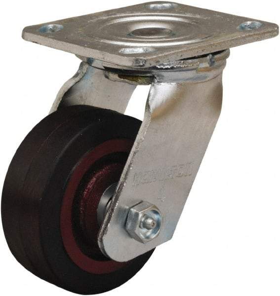 Hamilton - 4" Diam x 1-1/2" Wide x 5-5/8" OAH Top Plate Mount Swivel Caster - Rubber Mold on Cast Iron, 200 Lb Capacity, Straight Roller Bearing, 4 x 4-1/2" Plate - All Tool & Supply