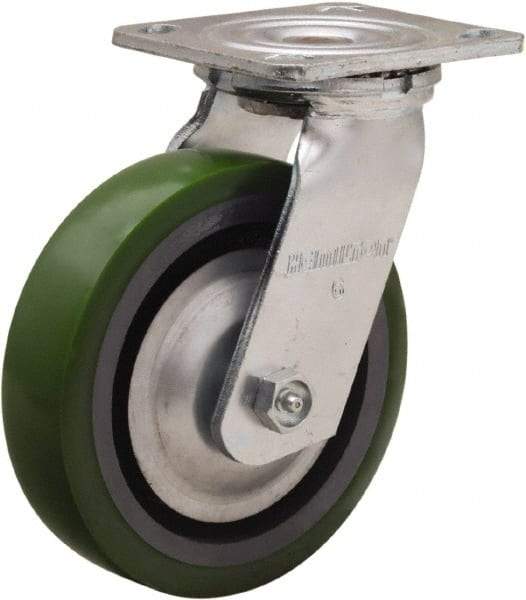 Hamilton - 6" Diam x 1-1/2" Wide x 7-1/2" OAH Top Plate Mount Swivel Caster - Polyurethane Mold onto Cast Iron Center, 850 Lb Capacity, Straight Roller Bearing, 4 x 4-1/2" Plate - All Tool & Supply