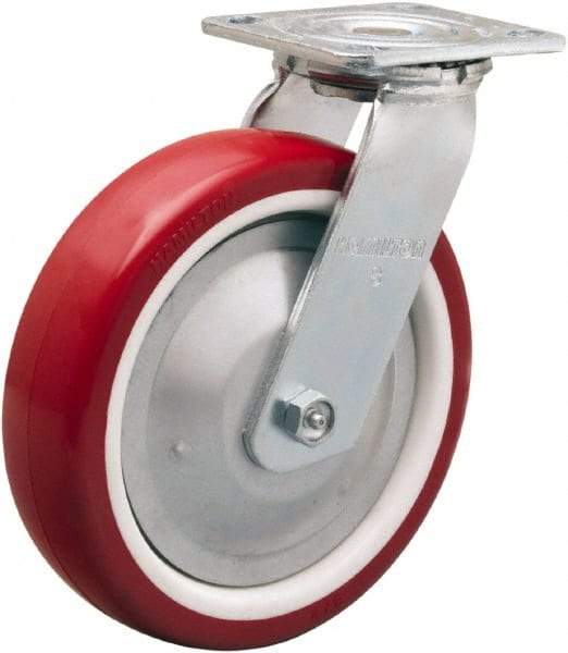 Hamilton - 8" Diam x 2" Wide x 9-1/2" OAH Top Plate Mount Swivel Caster - Polyurethane Mold on Polypropylene, 900 Lb Capacity, Straight Roller Bearing, 4 x 4-1/2" Plate - All Tool & Supply