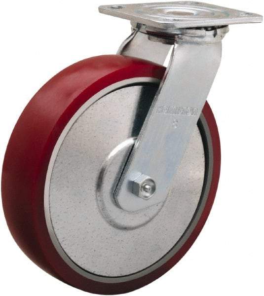 Hamilton - 8" Diam x 2" Wide x 9-1/2" OAH Top Plate Mount Swivel Caster - Polyurethane on Aluminum, 900 Lb Capacity, Straight Roller Bearing, 4 x 4-1/2" Plate - All Tool & Supply