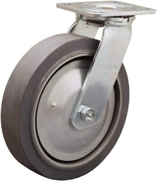 Hamilton - 8" Diam x 2" Wide x 9-1/2" OAH Top Plate Mount Swivel Caster - Rubber Mold on Aluminum, 500 Lb Capacity, Straight Roller Bearing, 4 x 4-1/2" Plate - All Tool & Supply