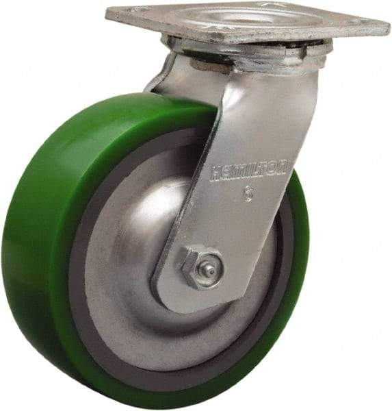 Hamilton - 6" Diam x 2" Wide x 7-1/2" OAH Top Plate Mount Swivel Caster - Polyurethane Mold onto Cast Iron Center, 900 Lb Capacity, Sealed Precision Ball Bearing, 4 x 4-1/2" Plate - All Tool & Supply