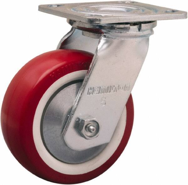 Hamilton - 5" Diam x 2" Wide x 6-1/2" OAH Top Plate Mount Swivel Caster - Polyurethane Mold on Polypropylene, 900 Lb Capacity, Straight Roller Bearing, 4 x 4-1/2" Plate - All Tool & Supply