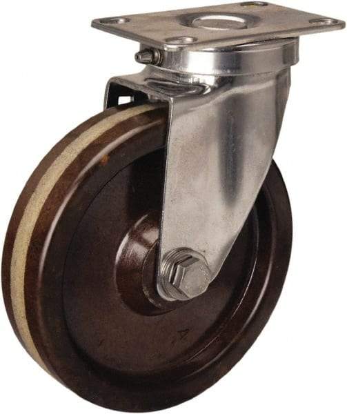 Hamilton - 5" Diam x 1-1/4" Wide x 6-1/4" OAH Top Plate Mount Swivel Caster - Phenolic, 300 Lb Capacity, Plain Bore Bearing, 2-3/8 x 3-5/8" Plate - All Tool & Supply