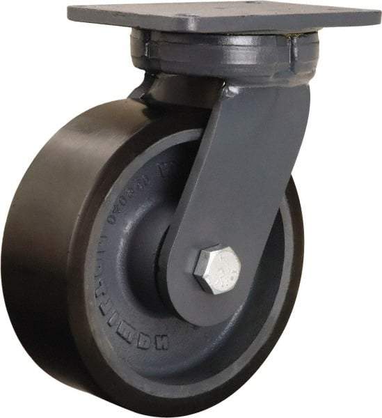 Hamilton - 8" Diam x 3" Wide x 10-1/2" OAH Top Plate Mount Swivel Caster - Polyurethane Mold onto Cast Iron Center, 3,250 Lb Capacity, Tapered Roller Bearing, 5-1/4 x 7-1/4" Plate - All Tool & Supply