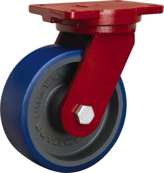 Hamilton - 8" Diam x 3" Wide x 10-1/2" OAH Top Plate Mount Swivel Caster - Polyurethane Mold onto Cast Iron Center, 2,000 Lb Capacity, Precision Tapered Roller Bearing, 6-1/8 x 7-1/2" Plate - All Tool & Supply