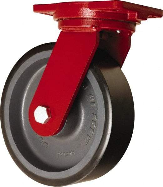 Hamilton - 10" Diam x 3" Wide x 12-1/2" OAH Top Plate Mount Swivel Caster - Polyurethane Mold onto Cast Iron Center, 3,900 Lb Capacity, Tapered Roller Bearing, 6-1/8 x 7-1/2" Plate - All Tool & Supply