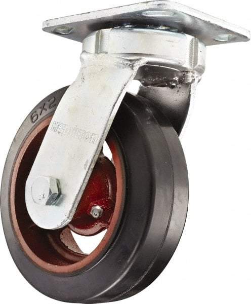 Hamilton - 6" Diam x 2" Wide x 7-1/2" OAH Top Plate Mount Swivel Caster - Rubber Mold on Cast Iron, Straight Roller Bearing, 4 x 4-1/2" Plate - All Tool & Supply