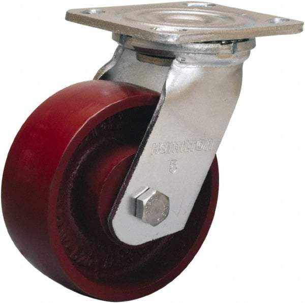 Hamilton - 5" Diam x 2" Wide x 6-1/2" OAH Top Plate Mount Swivel Caster - Cast Iron, 1,250 Lb Capacity, Precision Ball Bearing, 4 x 4-1/2" Plate - All Tool & Supply