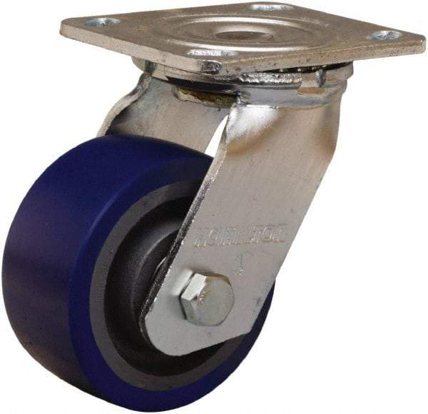 Hamilton - 4" Diam x 2" Wide x 5-5/8" OAH Top Plate Mount Swivel Caster - Polyurethane Mold onto Cast Iron Center, 600 Lb Capacity, Sealed Precision Ball Bearing, 4 x 4-1/2" Plate - All Tool & Supply