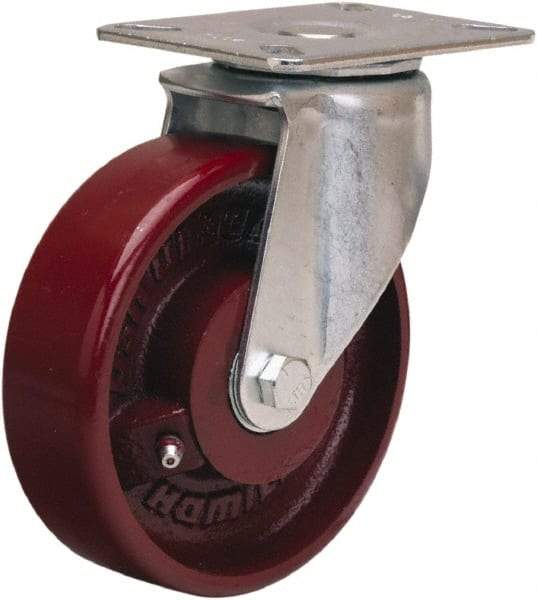 Hamilton - 5" Diam x 1-1/2" Wide x 6-3/8" OAH Top Plate Mount Swivel Caster - Cast Iron, 450 Lb Capacity, Straight Roller Bearing, 3-1/8 x 4-1/8" Plate - All Tool & Supply