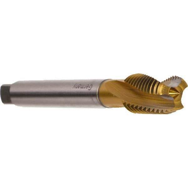 Emuge - 1/4-19" BSPP, 3 Flutes, Modified Bottoming Chamfer, TiN Coated, Cobalt British Standard Pipe Tap - 0.4331" Shank Diam, 0.3543" Square Size, Series Rekord DF - Exact Industrial Supply