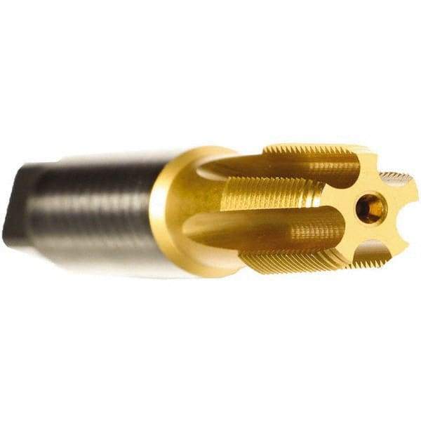 Emuge - 1/16-27 NPTF Thread, 4 Flute Standard Pipe Tap - 2-1/8" OAL, 0.69" Thread Length, 5/16" Shank Diam, TiN Finish, Cobalt - Exact Industrial Supply