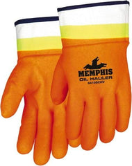 MCR Safety - Size L (9), 10-1/2" Long, 59 mil Thick, Supported, PVC Chemical Resistant Gloves - Rough Finish, Fleece/Jersey Lined, Orange - All Tool & Supply