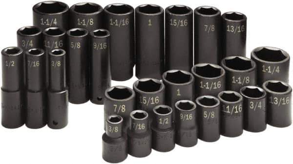 SK - 28 Piece 1/2" Drive Standard Deep Impact Socket Set - 6 Points, 3/8 to 1-1/4", Inch Measurement Standard - All Tool & Supply