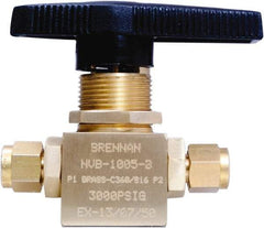 Brennan - 1/4" Pipe, Tube End Connections, Brass, Inline, Two Way Flow, Instrumentation Ball Valve - 3,000 psi WOG Rating, Nylon Handle, PTFE Seal, PFA Seat, Swaglok B-42S4 - All Tool & Supply