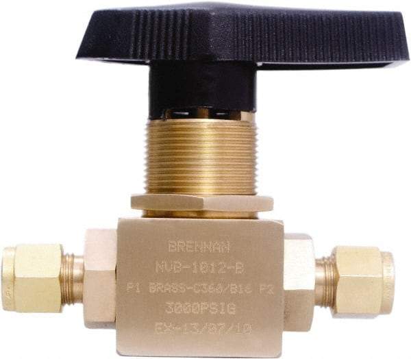 Brennan - 3/8" Pipe, Tube End Connections, Brass, Inline, Two Way Flow, Instrumentation Ball Valve - 3,000 psi WOG Rating, Nylon Handle, PTFE Seal, PFA Seat, Swaglok B-44S6 - All Tool & Supply