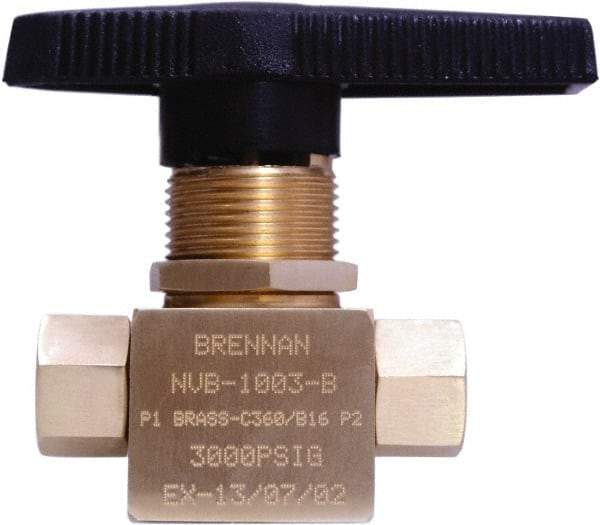 Brennan - 1/8" Pipe, NPT End Connections, Brass, Inline, Two Way Flow, Instrumentation Ball Valve - 3,000 psi WOG Rating, Nylon Handle, PTFE Seal, PFA Seat, Swaglok B-42F2 - All Tool & Supply