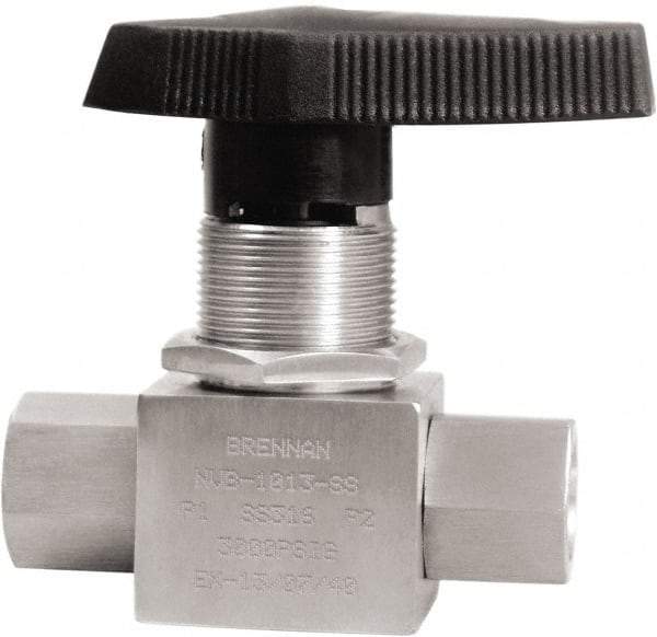 Brennan - 3/8" Pipe, NPT End Connections, Stainless Steel, Inline, Two Way Flow, Instrumentation Ball Valve - 3,000 psi WOG Rating, Nylon Handle, PTFE Seal, PFA Seat, Swaglok SS-44F6 - All Tool & Supply