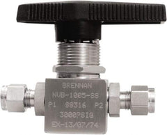 Brennan - 1/4" Pipe, Tube End Connections, Stainless Steel, Inline, Two Way Flow, Instrumentation Ball Valve - 3,000 psi WOG Rating, Nylon Handle, PTFE Seal, PFA Seat, Swaglok SS-42GS4 - All Tool & Supply