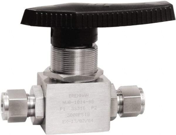 Brennan - 1/2" Pipe, Tube End Connections, Stainless Steel, Inline, Two Way Flow, Instrumentation Ball Valve - 3,000 psi WOG Rating, Nylon Handle, PTFE Seal, PFA Seat, Swaglok SS-45S8 - All Tool & Supply