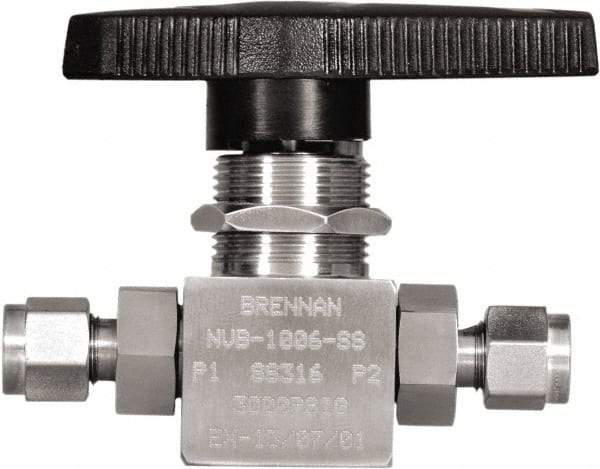 Brennan - 1/4" Pipe, Tube End Connections, Stainless Steel, Inline, Two Way Flow, Instrumentation Ball Valve - 3,000 psi WOG Rating, Nylon Handle, PTFE Seal, PFA Seat, Swaglok SS-43GS4 - All Tool & Supply